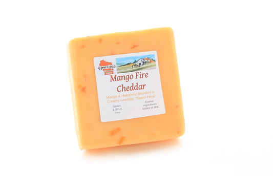 8 ounce piece of spicy wisconsin yellow cheddar cheese with mango