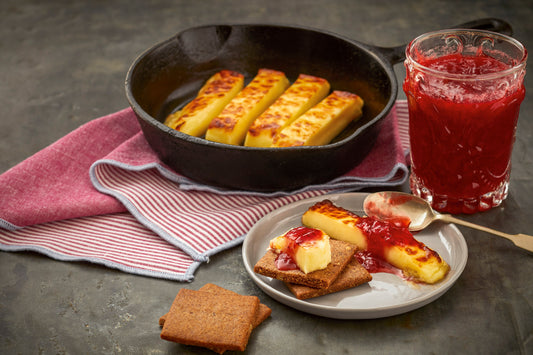 Warmed Juustoleipa with Strawberry-Rhubarb Jam