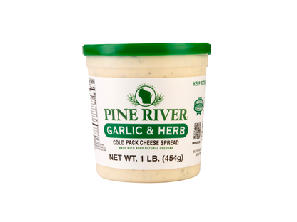 Pine River Garlic & Herb cheese spread container on a white background
