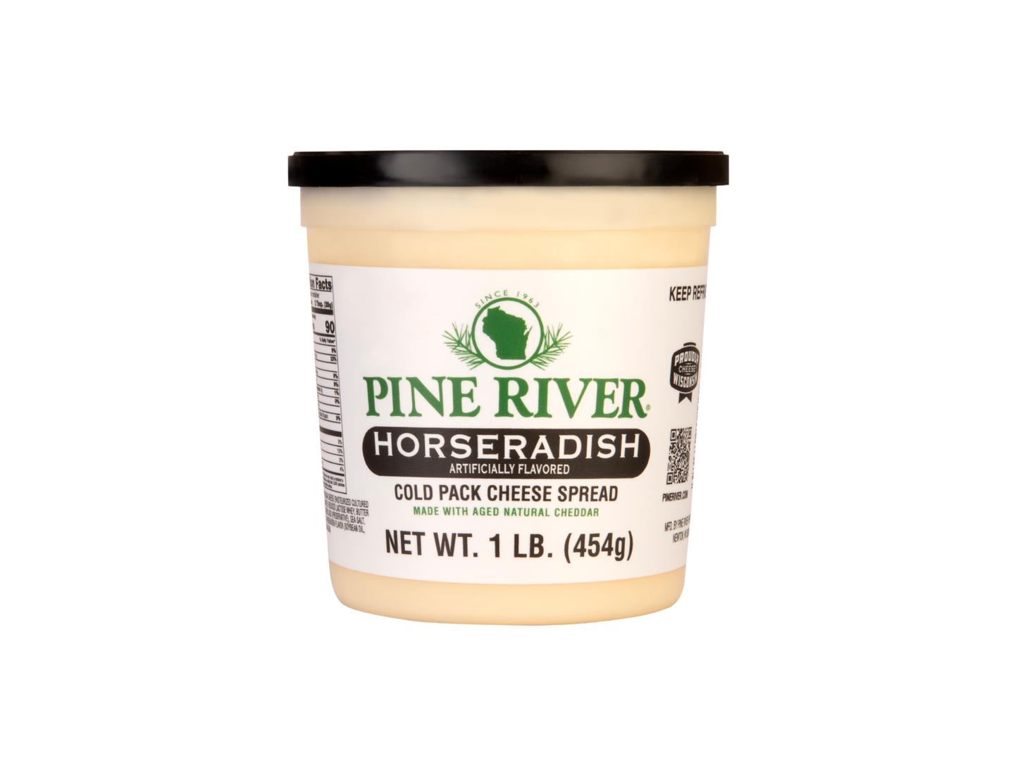 Pine River Horseradish cheese spread container on a white background