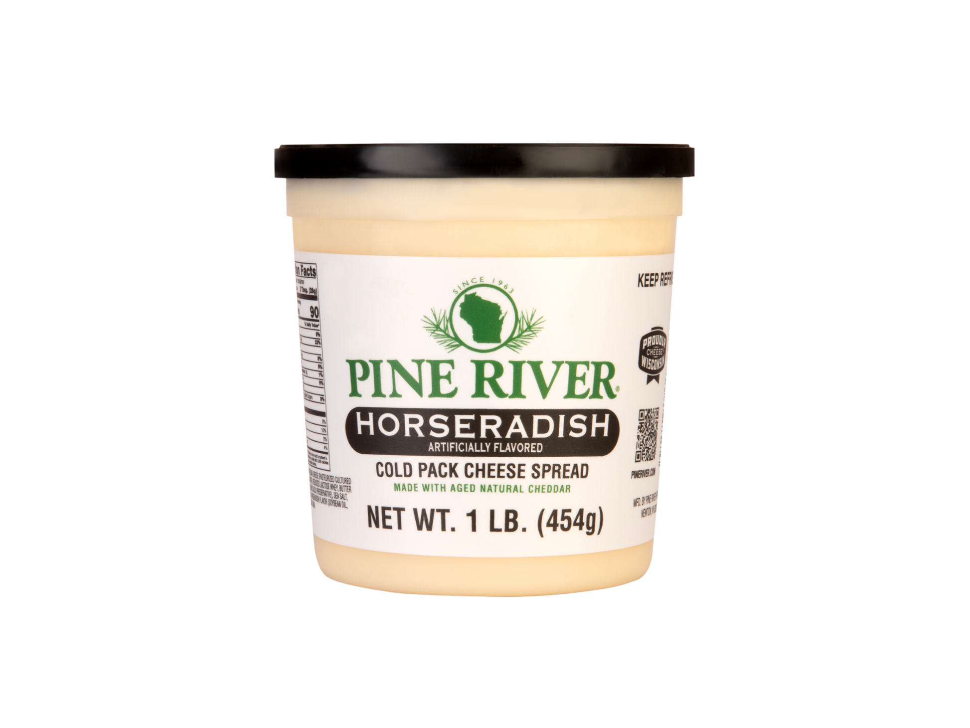 Pine River Horseradish cheese spread container on a white background