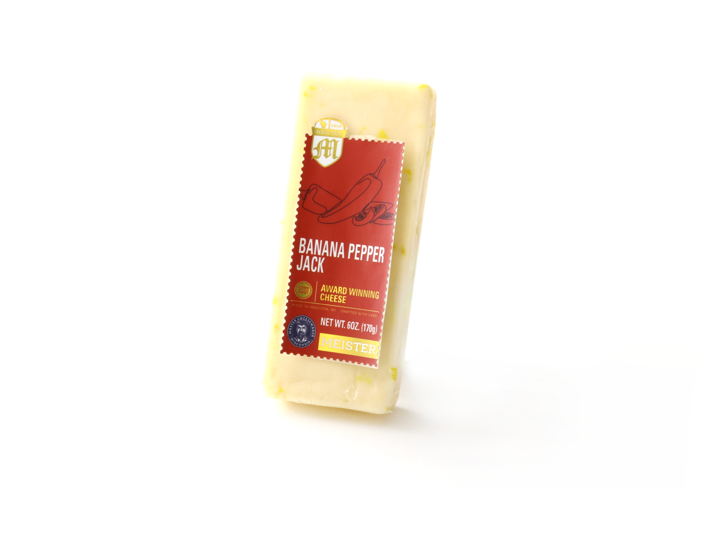 A 6oz block of Meister's Banana Pepper Jack cheese showing the creamy Monterey Jack texture and bits of real zesty banana peppers.