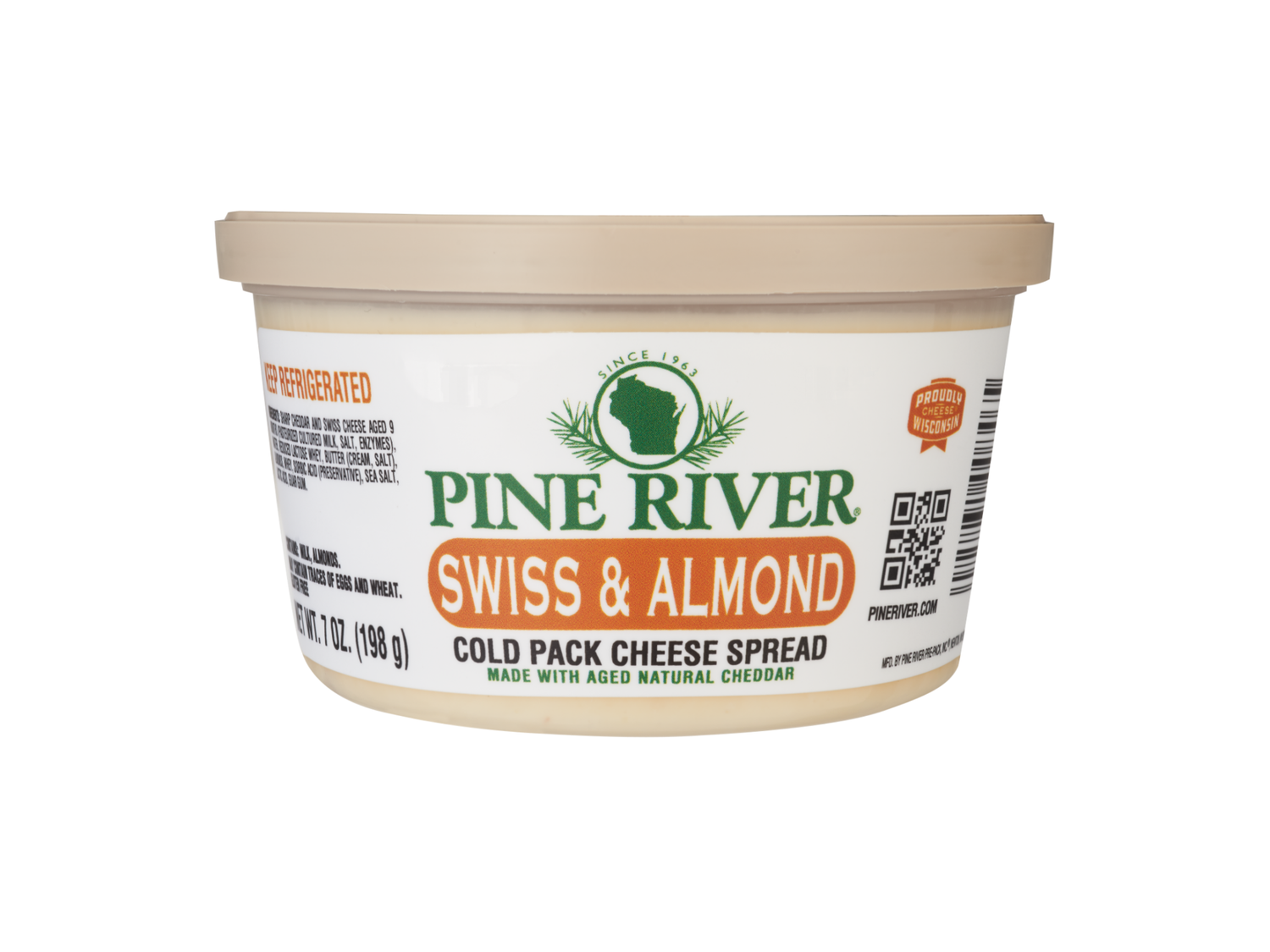 Pine River Swiss & Almond cheese spread container on a white background