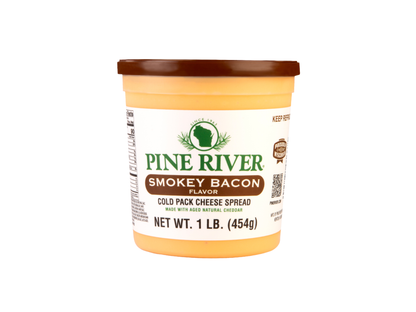 Pine River Smokey Bacon cheese spread container on a white background