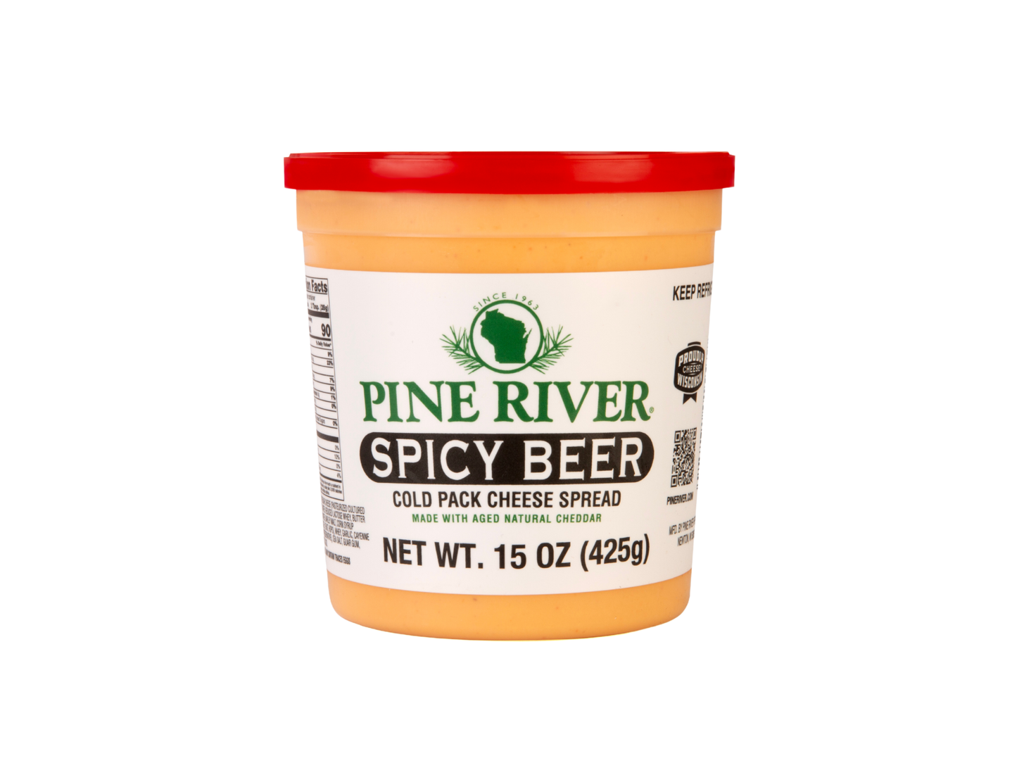 Pine River Spicy Beer cheese spread container on a white background