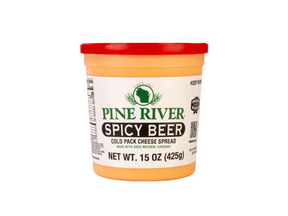 Pine River Spicy Beer cheese spread container on a white background