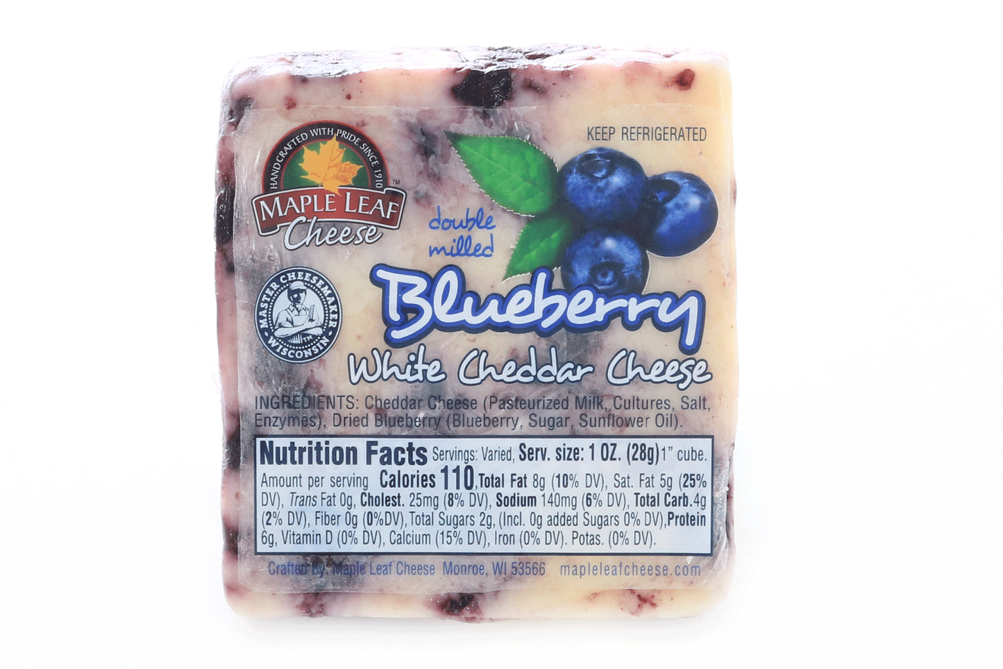 8 ounce piece of white cheddar cheese with blueberries