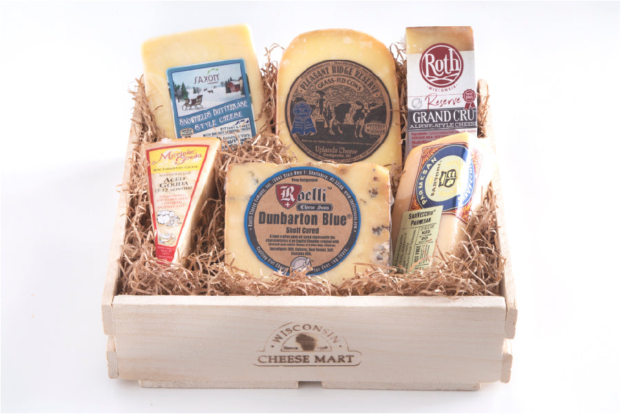 Gift basket with 6 different varieties of cheese