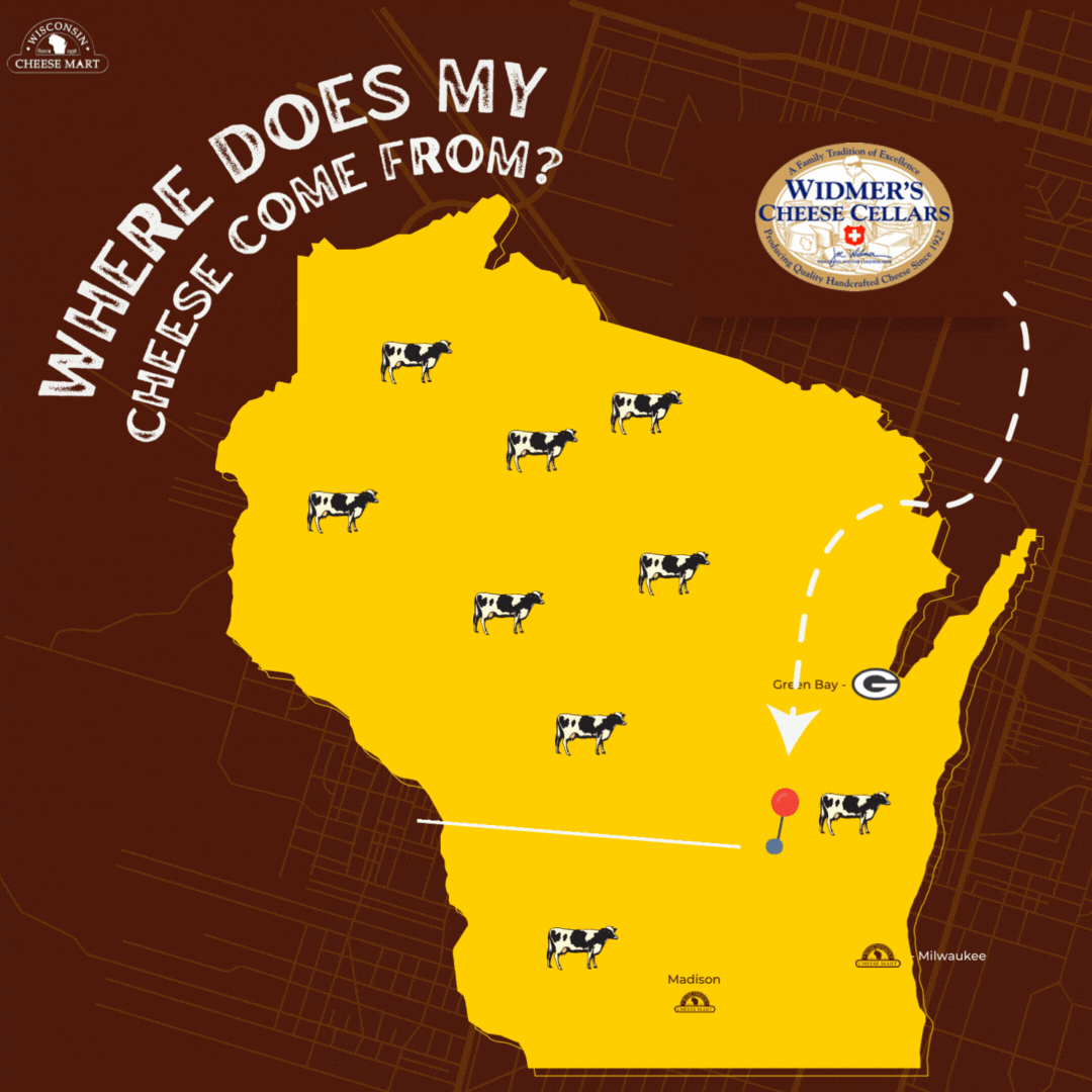 Text: Where does my cheese come from? Image: A yellow map of the state of Wisconsin with and a pin indicating Theresa, WI