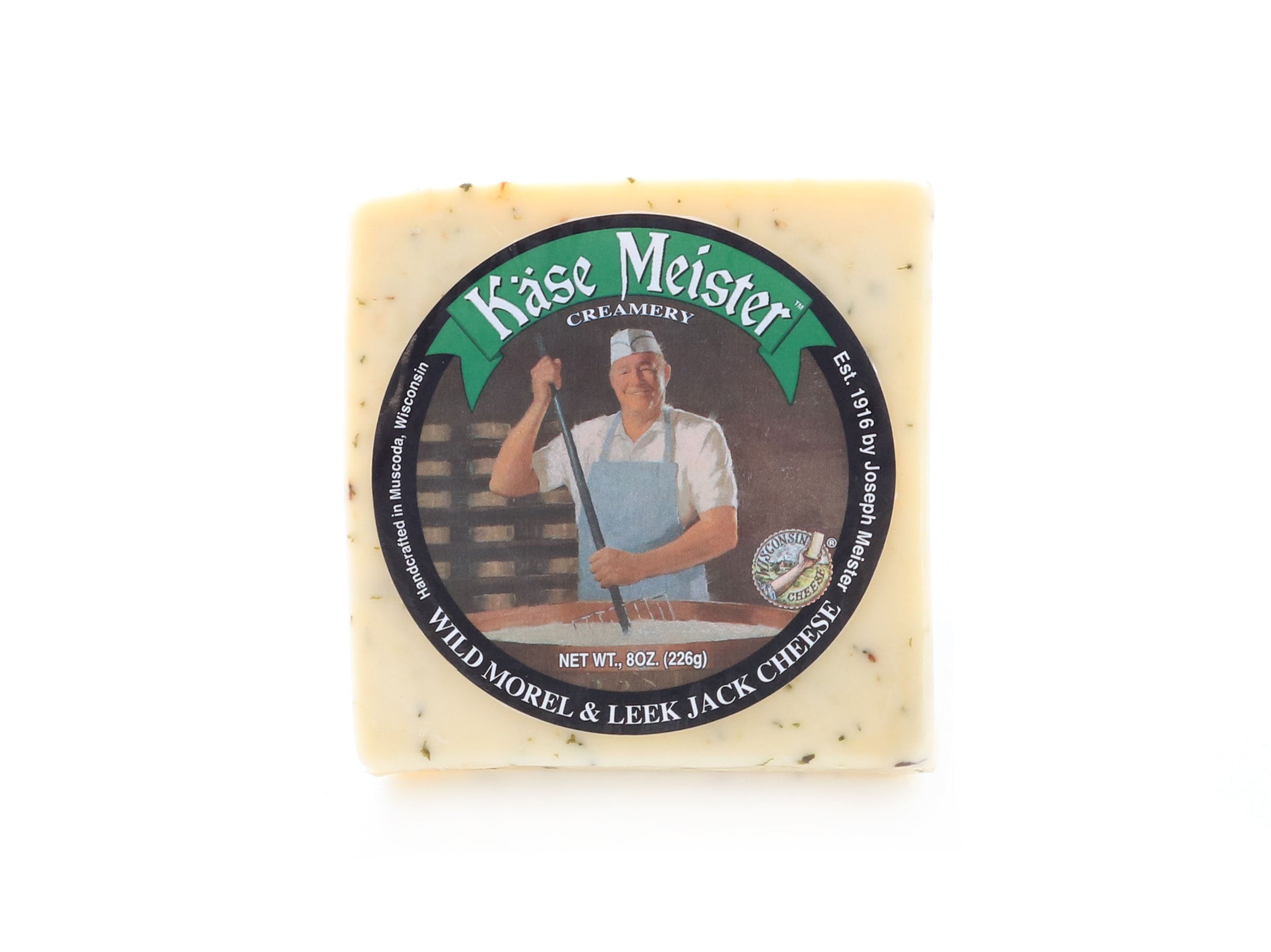 8 ounce piece of monterey jack cheese with wild morel and leek